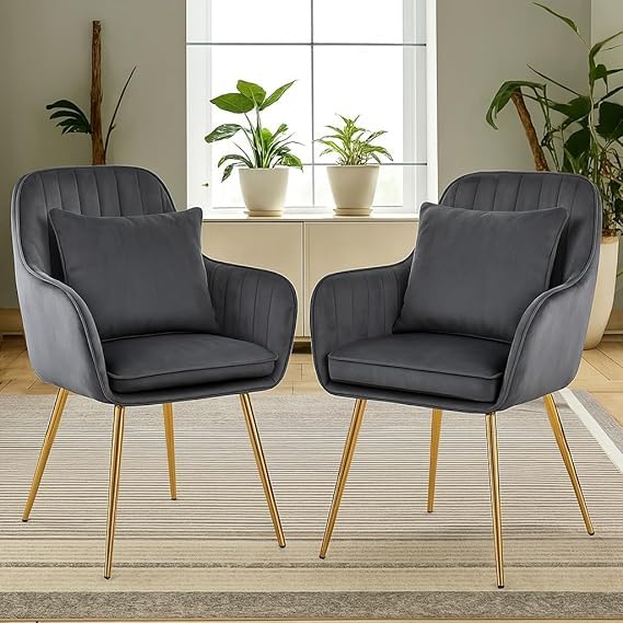 Image of Toxigo Velvet Office and Garden Area Outdoor Chairs | Cushion Seat Chair with Pillows for Modern Contemporary Upholstered with Polished Rosegold Metal Designer Piece | Set of 2 (Grey)