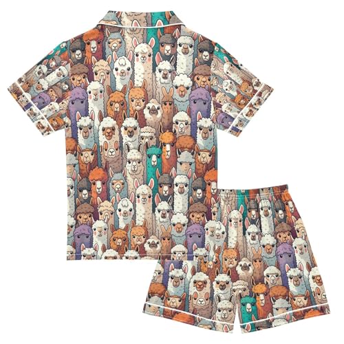 senya Alpaca Llama Animal Face Satin Summer Pajama Sets Silk Short Sleeve Button Down Sleepwear2