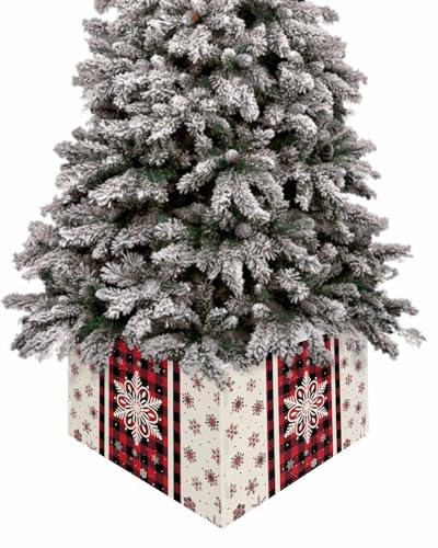 Xmas Snowflake Christmas Tree Collar 4PCS 17" x 10" Black and Red Buffalo Plaid Xmas Tree Base Cover Geometric Stripe Art Christmas Tree Ring for Party Holiday Home Decor