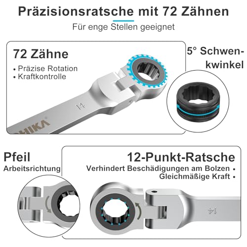HYCHIKA Ringsleutelset, 9-delig, 6-19 mm moersleutelset met ratelkop en handtas voor autoreparatie en industrieel onderhoud - Afbeelding 5