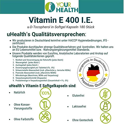 Vitamin E 400 I.E. – 180 Softgel Kapseln als Nahrungsergänzungsmittel