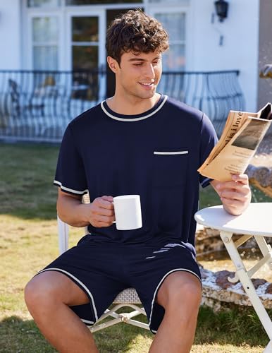 Image of Ekouaer Men's Pajamas Set Casual Short Sleeve Shirts and Shorts Soft 2 Piece Loungewear With Pockets