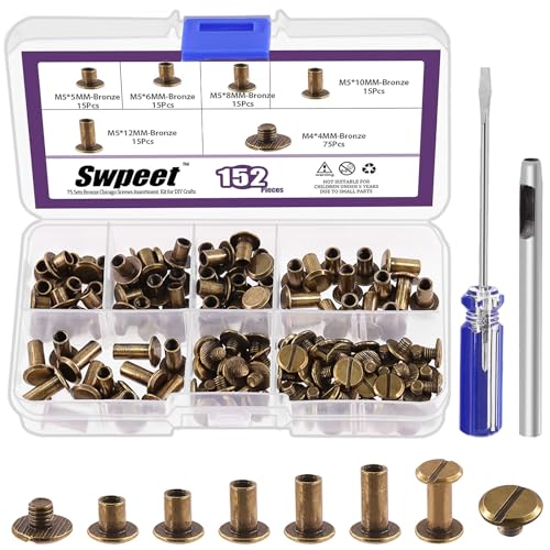 Swpeet 152 piezas M5x5 mm, 6 mm, 8 mm, 10 mm, 12 mm remaches de cuero de tornillo de bronce, con punzón y destornillador, perno de doble cabeza redonda y plana para artesanía de cuero