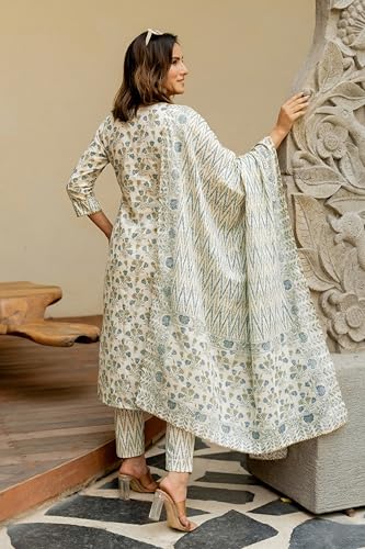 Image of MIRCHI FASHION Pure Cotton Women Straight Print & Thread Embroidery Kurti Set with Dupatta & Pant