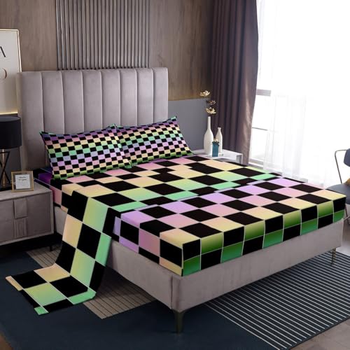 Image of Erosebridal Black Checkered Sheet Set Full Rainbow Ombre Plaid Bed Sheets Colorful Geometric Checkerboard Bedding for Kids Boys Girls,Aesthetic Grids Bed Sheets Set 4 Piece
