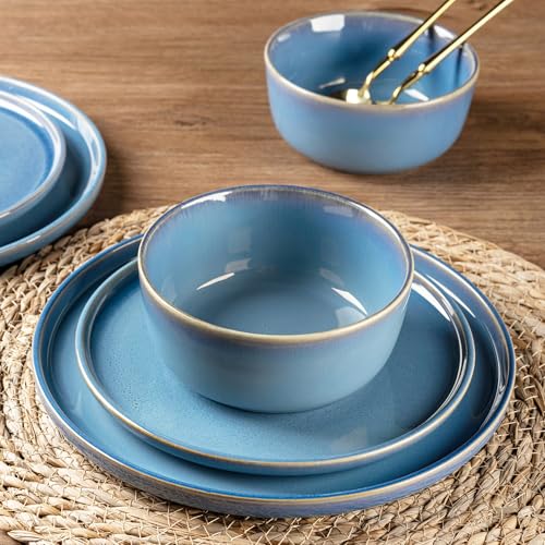 Image of GBHOME Ceramic Dinnerware Sets for 4, 12 Pieces Stoneware Plates and Bowls Sets, Reactive Glaze Dishes -Scratch Resistant, Dishwasher&Microwave Safe-Alaskan Blue