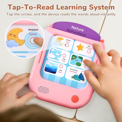 Image of JoyCat Bilingual Kids Learning Tablet, English & Spanish Talking Flash Cards with 106 Pages, 20 Interactive Games, Montessori Learning Toy for Alphabet, Words, Numbers & Songs, Gift for Toddlers 2-6
