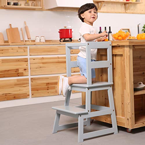 SDADI Kids Kitchen Step Stool with Safety Rail - for Toddlers 18 Months and Older, Gray LT01G