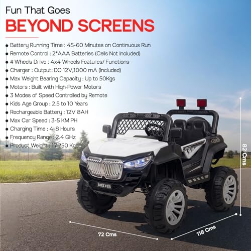 Image of Toyzone Buster Electric Jeep (White) | 12V Rechargeable Ride on with 8Ah Battery | Music Player with BT, USB & AUX | Smooth Acceleration | 6M Battery Warranty | Age 3-12 Years, Upto 50 kg