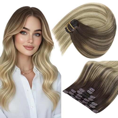 Image of Sunny Hair Clip in Hair Extensions Real Human Hair Blonde Ombre 20 Inch | Human Hair Clip in Extensions, Added Flowing Shape with Natural Movement for Family Gathering with a Soft Finish 120g