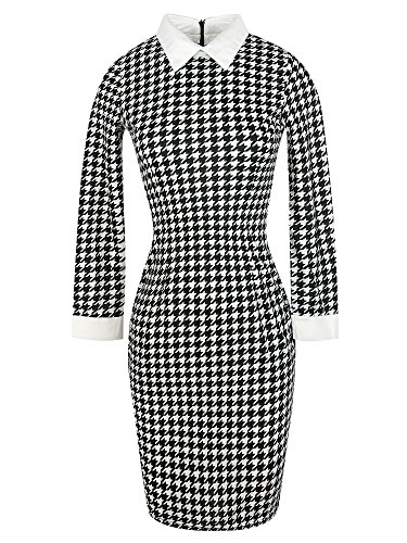 oxiuly Women's Casual Plaid Bodycon Dress Formal Office Dresses Pencil Midi Dress OX275 (L, Black Houndstooth)