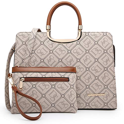Women's Fashion Handbag Shoulder Bag Hinged Top Handle Tote Satchel Purse Work Bag with Matching Wallet (7-ds Monogrammed Beige Wallet Set)