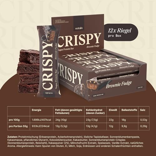 VETAIN Vegan Proteinriegel - Crispy Brownie - 12g Eiweiß pro Riegel - Mit Mönchsfrucht gesüßt - 100% natürliche Zutaten - Ohne Palmöl - Frei von Sucralose & Maltit - 12 x 55g 6