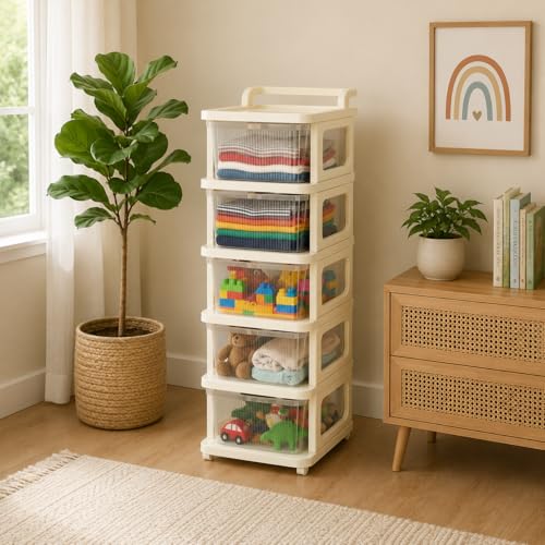 Image of URBAN LUXY Plastic Storage Drawer Organizer with Wheels | Multi-Purpose Chest of Drawers for Home, Office & Bedroom | Clothes, Toys & Stationery Organizer ((Ivory & Brown), 5 Layer)