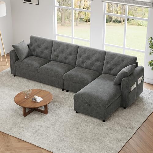 Ktipm Sofa Rinconera Modular en Forma de L con Almacenamiento Oculto y Bolsa de Almacenaje, Sofas de Salon Cheslong con Cómodo Cojín, Sofá Cama Esquinero de Terciopelo, 281x132x86 cm, Gris