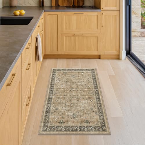 Image of Hazo Haus Washable 2x3 Entry Rug Front Door Indoor, Bohemian Kitchen Floor Rug, Non-Slip & Stain Resistant, Vintage Desert Taupe Sage Farmhouse Floral Decor