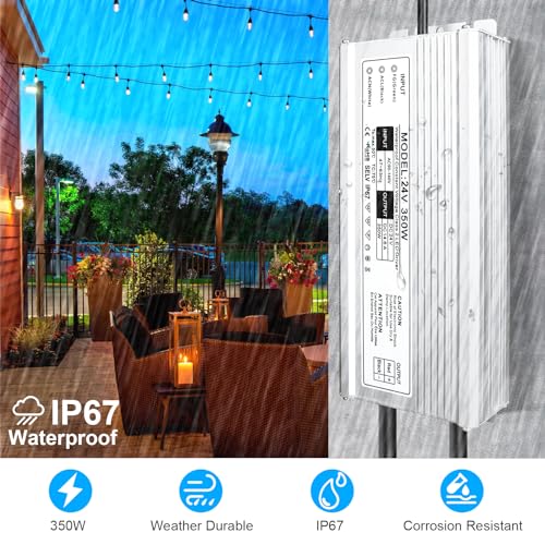 Image of LightingWill LED Driver 350 Watts Waterproof IP67 Power Supply Transformer, 90V-140V AC to 24V DC Low Voltage Output, Adapter with 3-Prong Plug 3.3 Feet Cable for LED Strip Lights, Outdoor Use