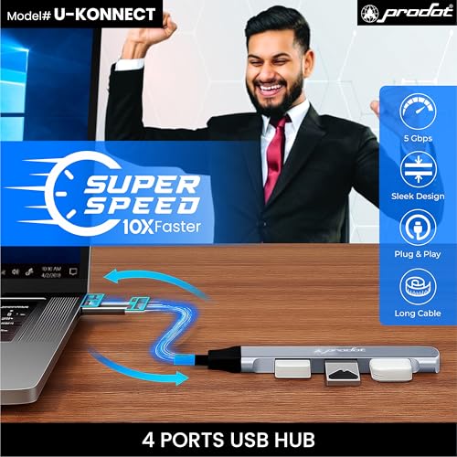Image of ProDot U-Konnect 4-Port USB Hub, Multiport Adapter with 1 x USB 3.0 & 3 x USB 2.0 Ports, 5 Gbps Fast Data Transfer, Compact Plug & Play USB Splitter for MacBook, Laptop, PC (Aluminum, Silver)