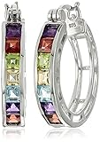 Sterling Silver Genuine Multi Gemstone Hoop Earrings
