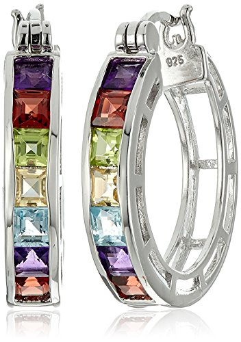Amazon Collection Sterling Silver Genuine Multi Gemstone Hoop Earrings