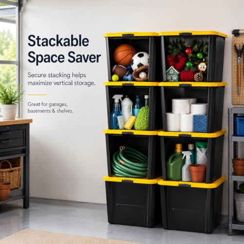 Image of Storage Bins 60 Qt Stackable with Lids 6 Pack for Garage Basemen | Durable Plastic with Side Handles - Lightweight and easy to carry. Ideal for garage, basement, closet, and office.