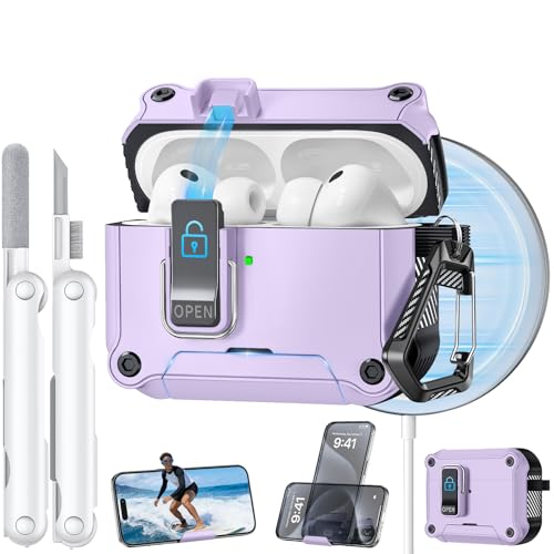 Image of Dual Safety Lock for AirPods Pro 3 Case 2025, Compatible with MagSafe | Designed with Automatic Switch and Phone Stand, Includes a Cleaner & Keychain - Rugged Tough Hard Shell