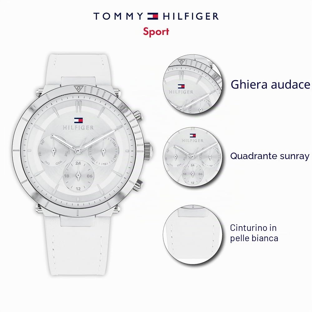 Tommy Hilfiger Orologio Analogico Multifunzione al Quarzo da Donna con Cinturino in Pelle Bianco - 1782352