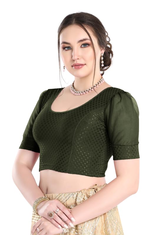 Image of FINESTFIT Stay On Trend Fashion 100% Cotton Readymade Blouses for Women,Round Neckline with Organza Balloon Sleeves.