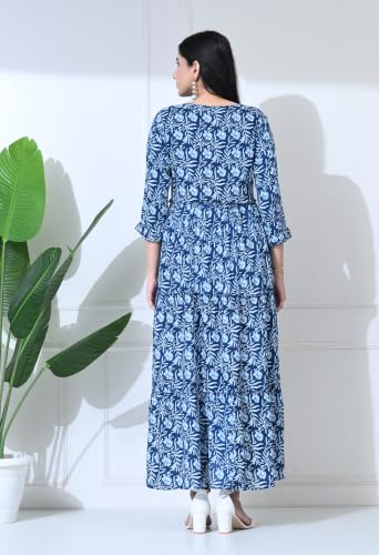 Image of Amazon Brand - Tavasya Women Botanical Floral Printed Maternity Midi Dress | Round Neck | 3 /4 Ruffle Sleeves | Concealed Feeding Zip | Gathered Tiered Nursing Dress