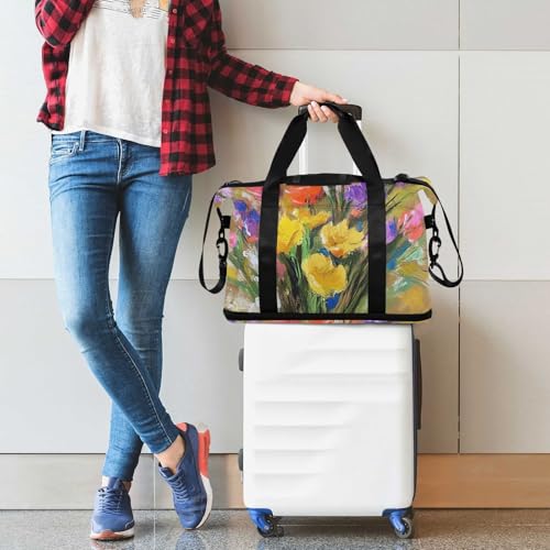 Retro Flowers with Color Oil Painting Feel Travel Duffel Bag Shoulder Weekender Overnight Bag with Toiletry Bag for Trekking Waterproof 7