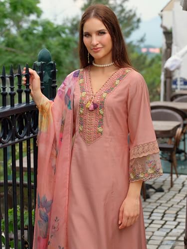 Image of INDO ERA Women's A-Line Cotton Blend Floral Embroidered Kurta & Pant With Dupatta Set (IEOUT11375)