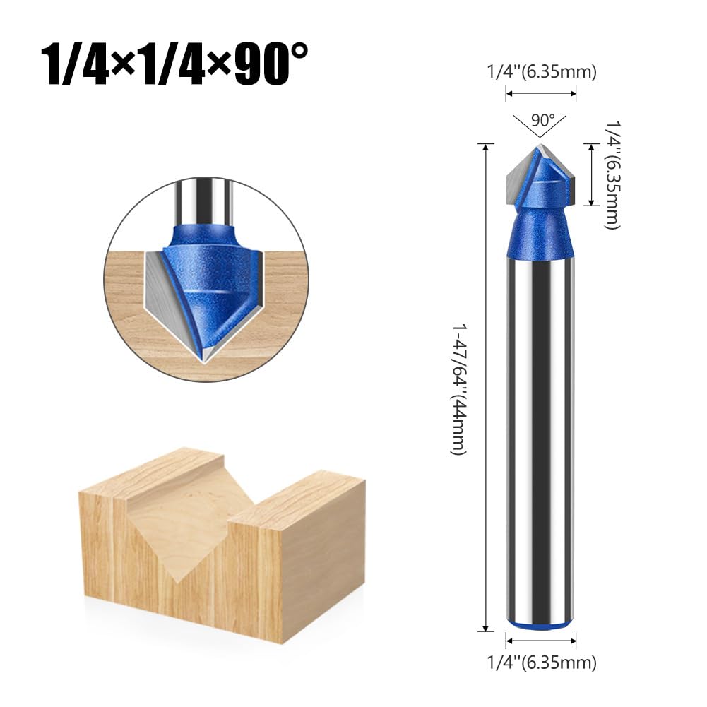 Broca enrutadora de ranura en V de 90 grados, fresa de grabado con vástago de 6mm y 1/4 pulgadas, fresa con punta de carburo for carpintería(6.35x6.35mm)