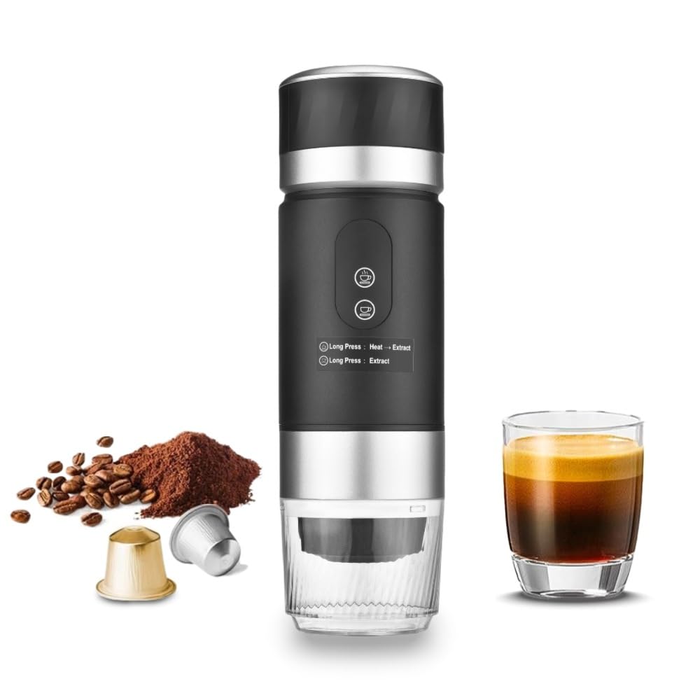 Cafetera Portatil Capsulas 3 en 1 con Pantalla Digital, Compatible con cápsulas y café molido, para Automóvil en Casa (Negro)