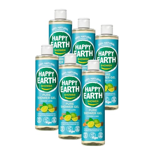 Happy Earth Gel Douche - Pour Hommes et Femmes - Gel Douche - 100% Ingrédients Naturels & Végan - Cèdre Lime - 300 ML