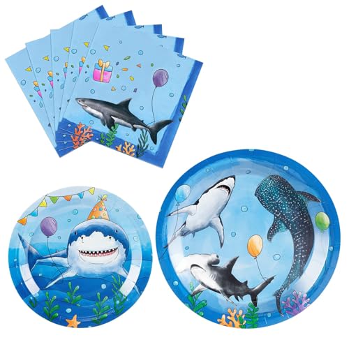 WERNNSAI Shark Party Supplies - 48 platos de fiesta de cumpleaños con diseño de océano para niños, suministros de cumpleaños de tiburón, decoración de vajilla bajo el mar, sirve para 16 invitados
