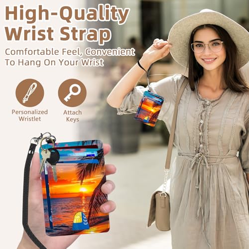 Credit Holder Slim Wallet, PU Leather RFID Blocking, Women & Men Front Pocket Small Card Holder, Credit Card Wallet with Wristlet, Convenient Travel Business, Seaside Sunset3