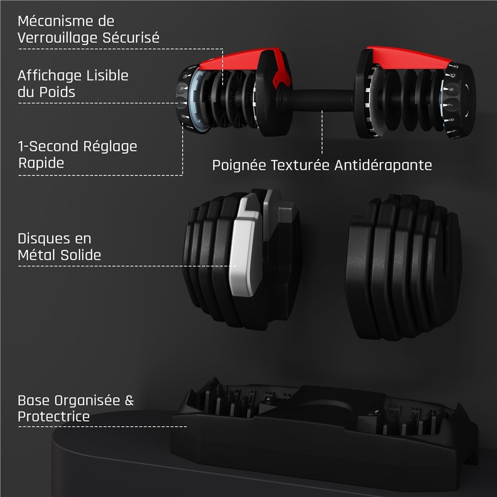 Yaheetech Haltères Réglables 2,5 à 24 kg 15 en 1 avec Base de Rangement, Système de Verrouillage de Sécurité, Poignée Antidérapante pour Entraînement à Domicile, Salle de Sport