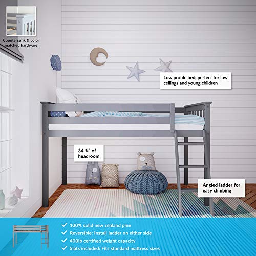 Max & Lily Low Loft Bed, Twin Bed Frame For Kids, Grey & Cotton Underbed Curtains, Blue & White #TOP2