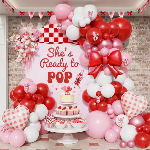 144Pcs Shes Ready to Pop Balloon Garland Kit Pink Red White Balloon with Bow foil Balloon Arch Decorations for Girl Baby Shower Birthday Ready to Pop Party Supplies