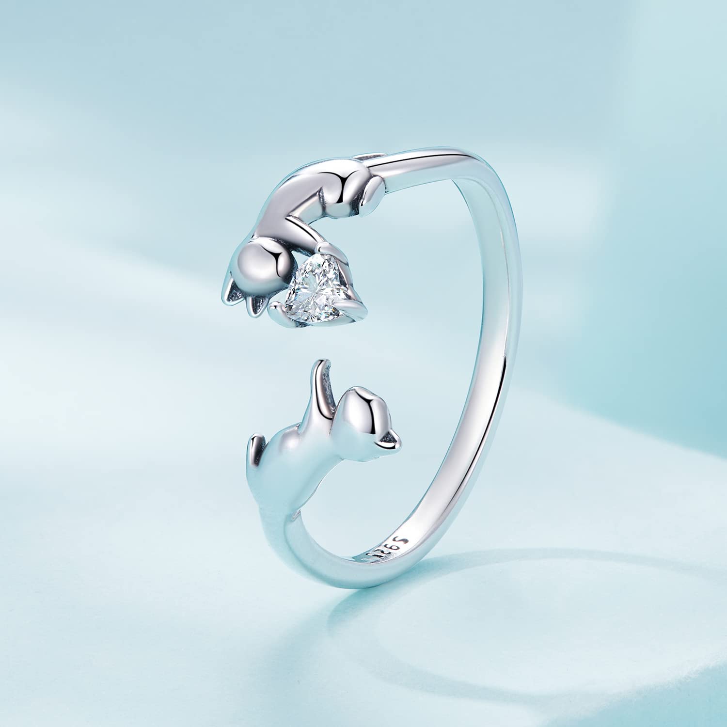 Qings Damen Katze Verstellbare Ringe Offen Katzenring Sterling Silber 925 Süß Tier Finger Ring Schmuck Geschenk für MäDchen Teenager