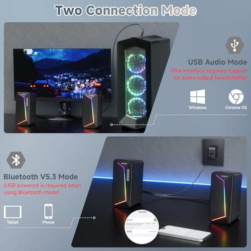 SOULION PC Speakers, USB C/USB Powered Computer Speakers with Volume Control Button, Colourful LED Light, Stereo 2.0, Desktop Speaker with USB/Bluetooth mode for Smartphones, Laptop, Monitor - Image 5