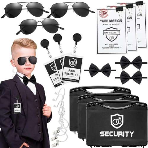 Mepase 7 Pcs Ring Wedding Bearer Security Set Include Ring Bearer Box ID Badge Holder Sunglass Acoustic Earpiece Tube Mission Card with Binder Clip Bow for Kids (Pp Suitcase)