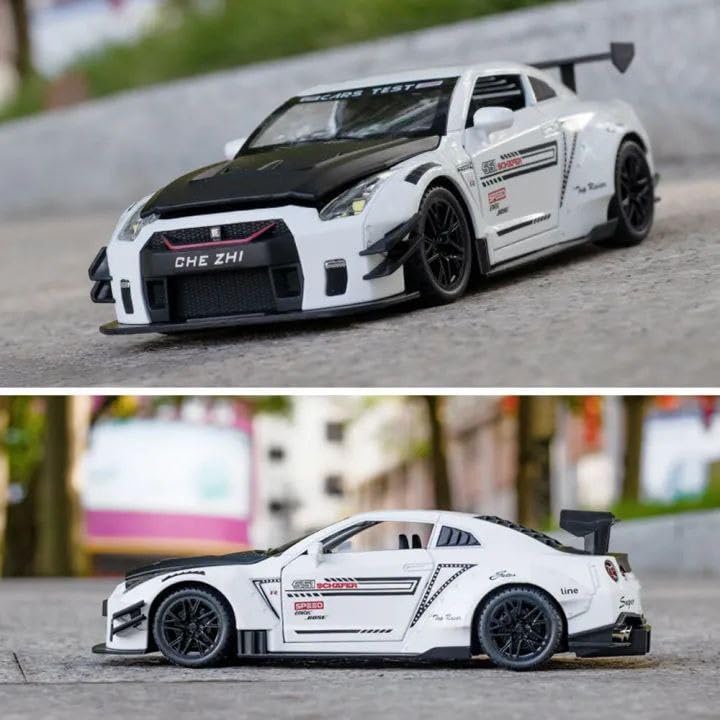 Image of 1:24 Scale Nissaan GTR Model Alloy Metal Pull Back Toy car for Kids with Openable Doors & Light, Music Toy Vehicle for Kids (1:24 Nissaan GTR (White))