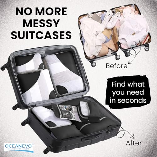 Image of OCEANEVO Set of 10 Pcs Packing Cubes for Travel | Includes Luggage Tag and Toothbrush Holder | Suitcase Organizer for Travelling for Clothes, Shoes and Lingerie | Model 3.0 - Black - 1 Year Warranty