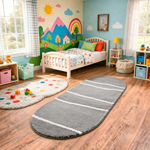 Image of Vasrug Luxury Soft Shaggy Bedside Ovel Rug - Geometric Design | Plush High-Pile Bedroom Carpet, Pack of 1 Pic, 1.5x4 Feet, (AA5)