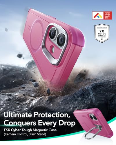 Image of ESR for iPhone 17 Phone Case with Stand, 23ft Military-Grade Drop Protection with Camera Control, Shock-Absorbing Rugged Cover, Compatible with MagSafe Accessories, Cyber Series, Pink