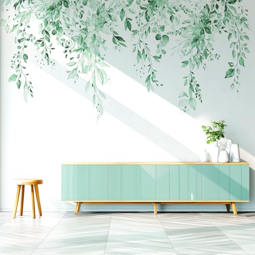 Image of VePret Mint Green Plants Leaves Wall Decals Peel and Stick, Large Floral Flowers Vinyl Wall Stickers, Removable Vine Home Decor Art for Bedroom Living Room Classroom Office