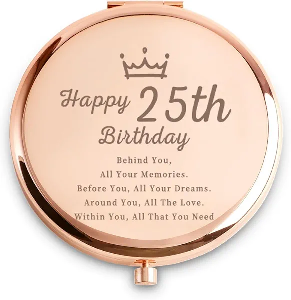 25th Happy Birthday Gifts for Women, Best Female Presents for 25 Year Old Her Daughter Niece Granddaughter Sister Wife Girlfriend Friend, Personalized Engraved Compact Mirror Gift Ideas