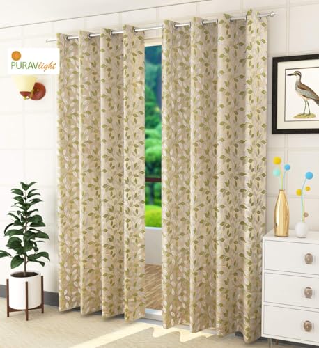 Image of Purav Light Jacquard Curtains Set of 3 Piece 7 Feet Long for Window & Living /Bedroom, Room Darkening Jute Polyester Weaved Parda, 3PC (Door - 7 Feet,Green)