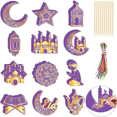 HOWAF 36pcs Eid Mubarak Scratch Cards Art Kit, Eid Gift Scratch Off Hanging Card for Eid Holiday Activity School DIY Drawing Project Supplies,Ramadan Islamic Gifts Crafts Decorations Purple Gold